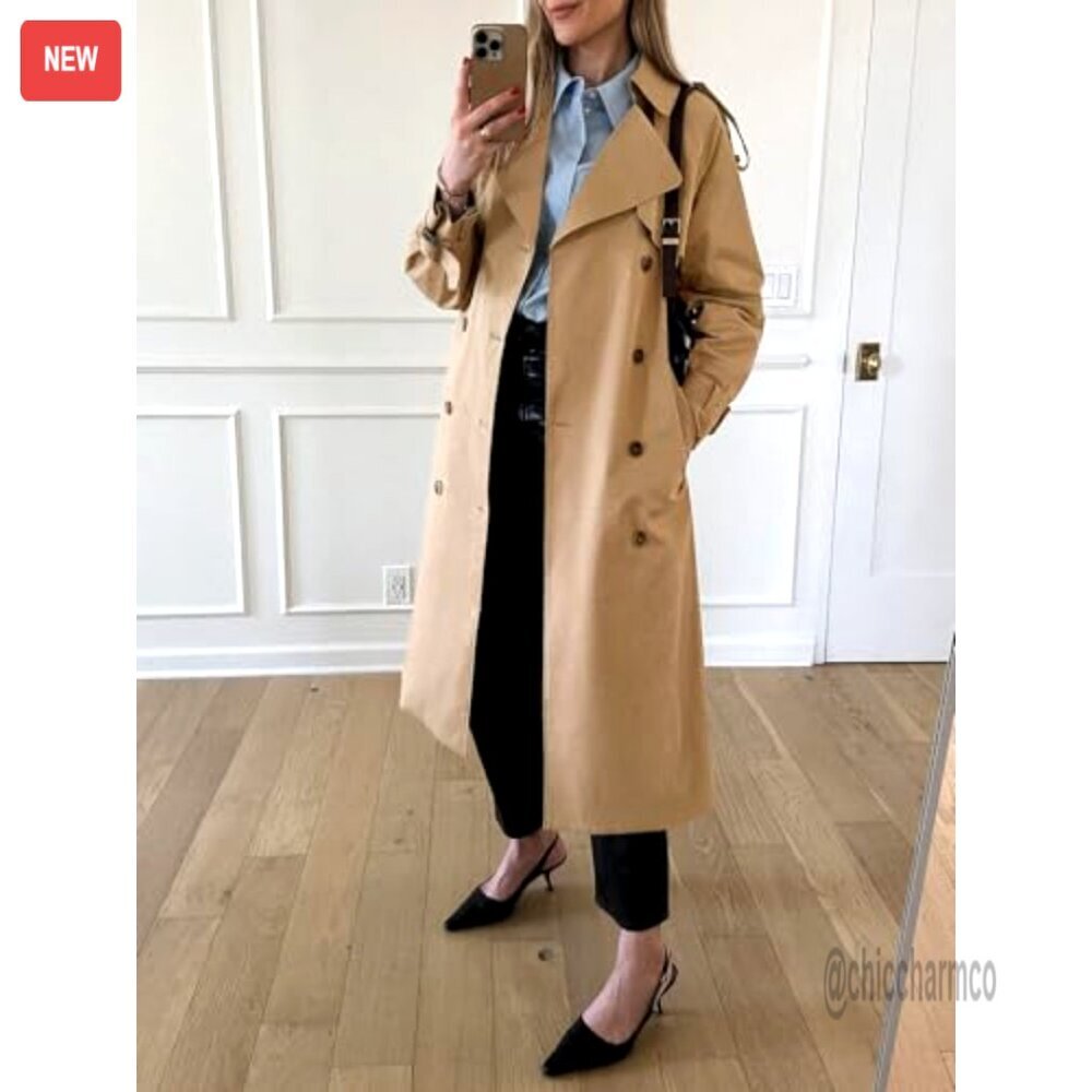 Long Trench Coat Double Breasted Classic Lapel Overcoat with Belt - Picture 2 of 7